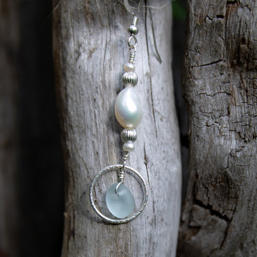 Aqua Blue Sea Glass + Baroque Pearl Circle Earrings